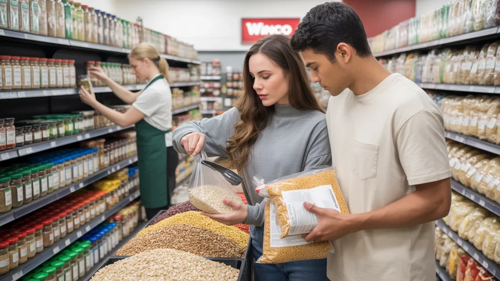 Couple shopping for bulk grains and pantry staples in WinCo grocery store aisle in Oklahoma City