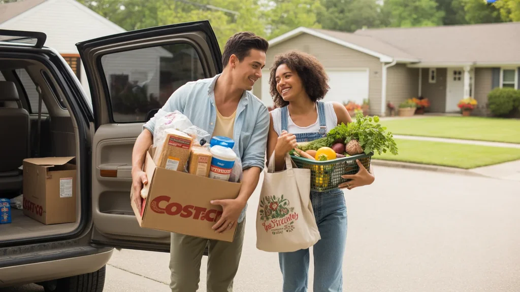 A couple unloading groceries from their car outside their home in Madison, TN