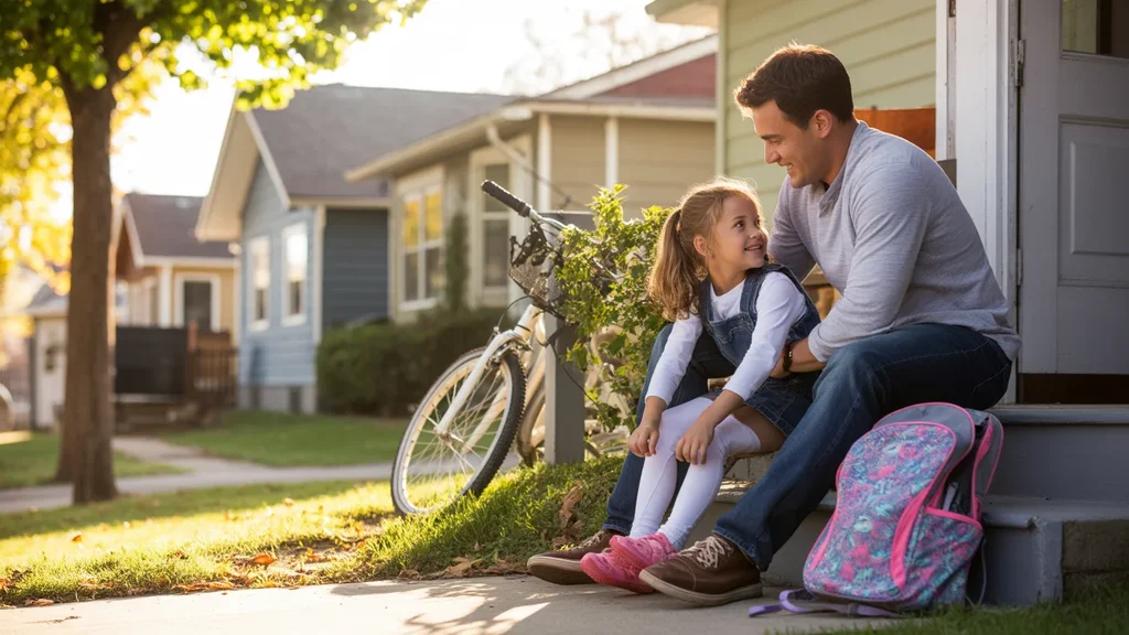 Father helping daughter tie shoes on front steps of home in Thornton, Colorado