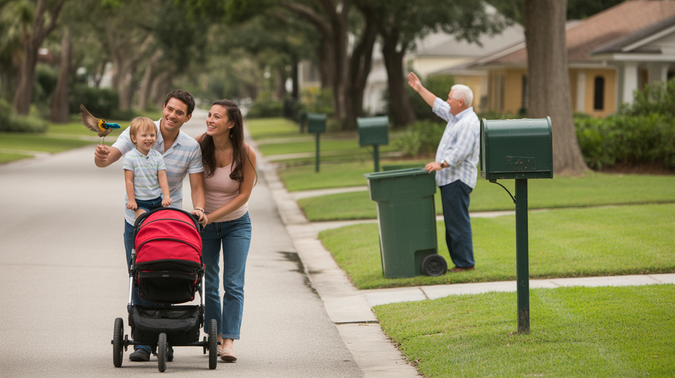 A couple walking with a stroller past nice homes in Winter Park, FL
