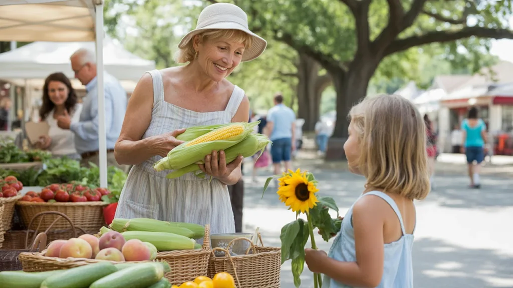 Senior woman and child shopping for fresh corn at Valley Station farmers market