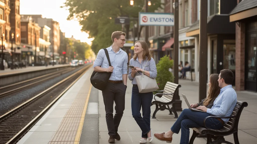 Coworkers chatting at an Evanston Metra train station after work