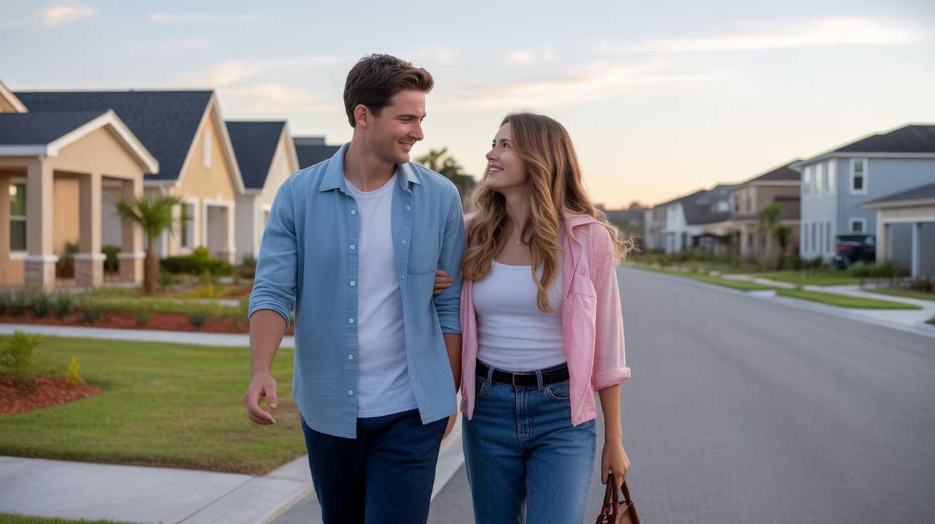 Couple exploring a peaceful new neighborhood in Davenport, FL at sunset