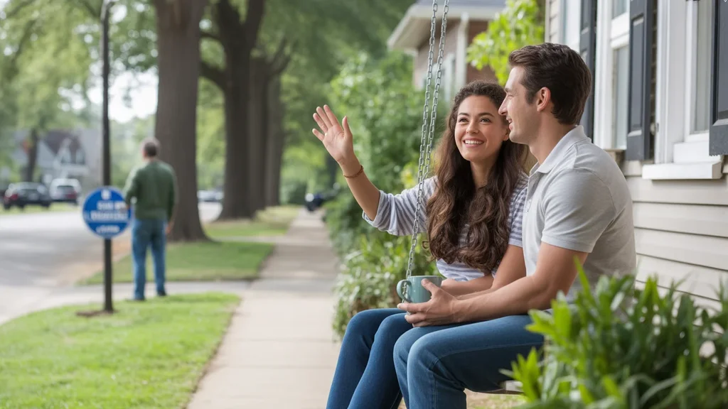 Couple enjoying morning coffee on porch of Wheaton home