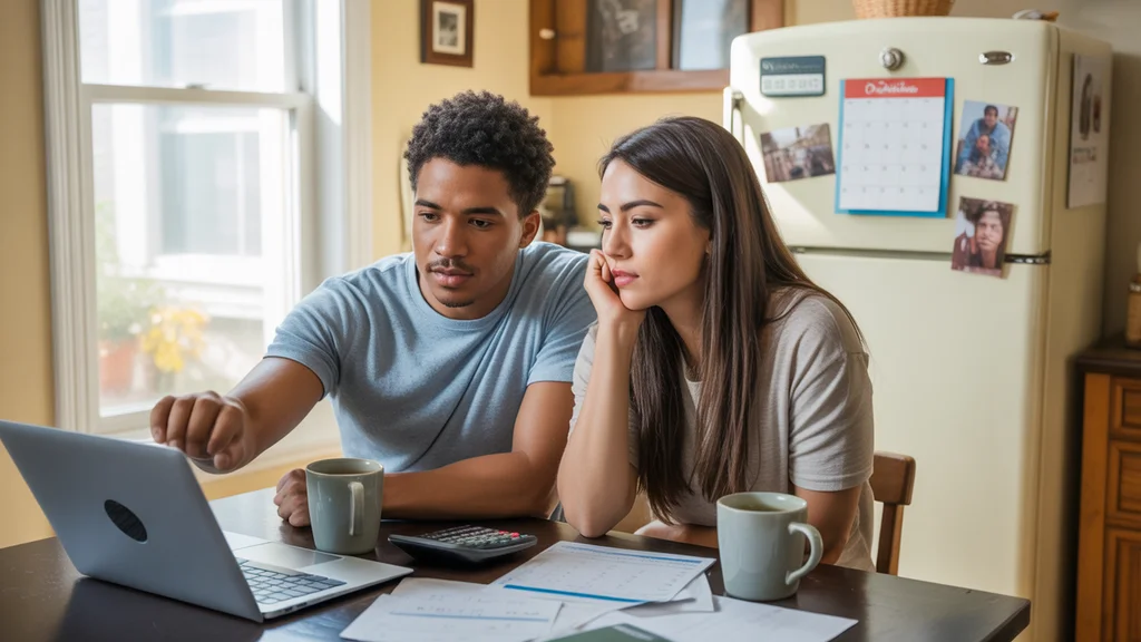 A couple reviews their monthly budget at the kitchen table in their Mt Juliet apartment