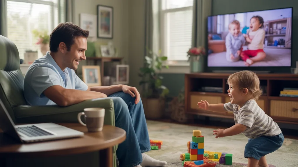 Father watches toddler play in living room of Lakewood home with laptop and TV nearby