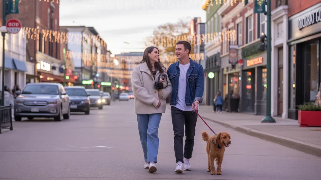 Couple enjoying an evening stroll with their dog in downtown Aurora, IL