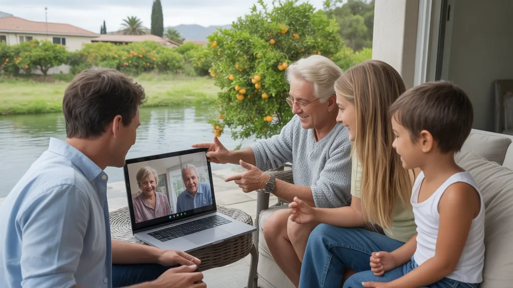 Family video chats with grandparents from patio of new Riverside home