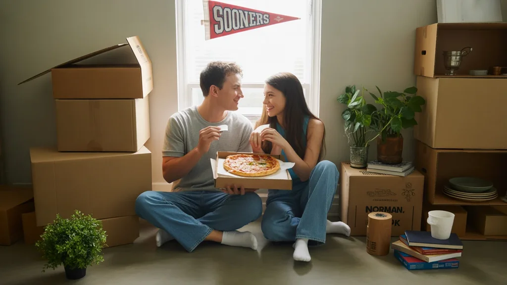 Young couple eating pizza on floor of new apartment in Norman, Oklahoma surrounded by moving boxes