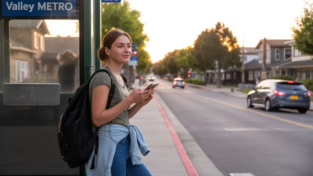 Young woman checking her phone while waiting for the bus at a Valley Metro stop in Antioch, TN on a summer evening