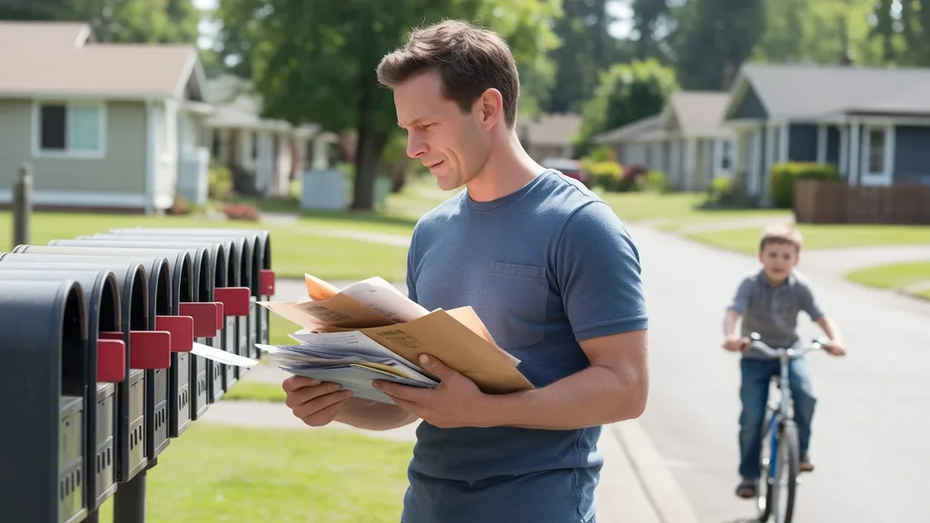 Man checking mail by community mailboxes in Tualatin neighborhood