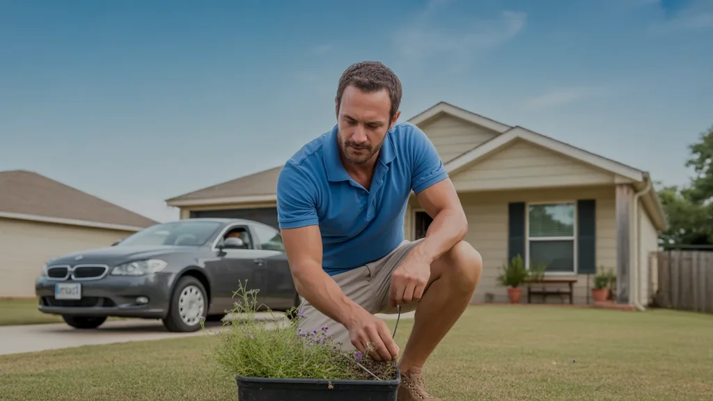 Man pulling weeds in front yard of modest home in Mckinney, Texas
