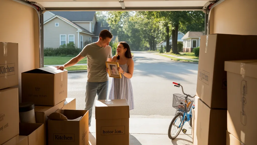 A couple unpacking boxes in their new home's garage in Raleigh, NC