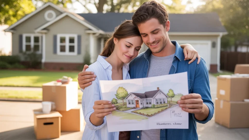 A couple looks at a hand-drawn neighborhood map in the driveway of their new Huntersville home