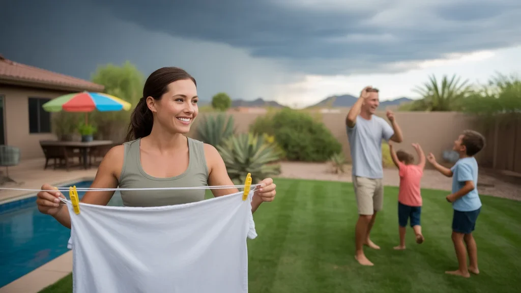 A woman brings in laundry from a clothesline in her backyard in Phoenix, AZ as a monsoon storm approaches and her family plays nearby.