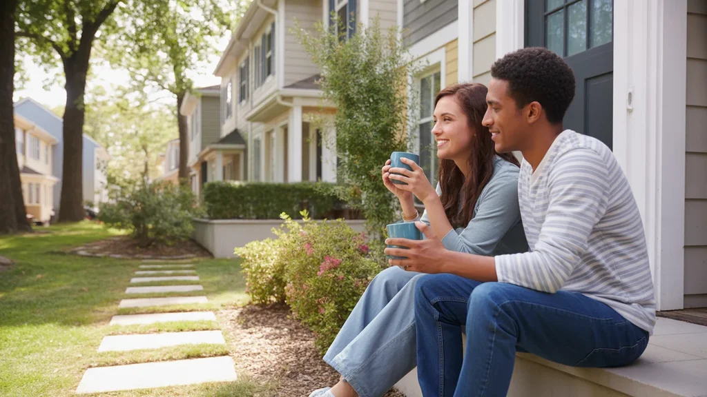 Couple sitting on townhome steps enjoying coffee in Antioch neighborhood