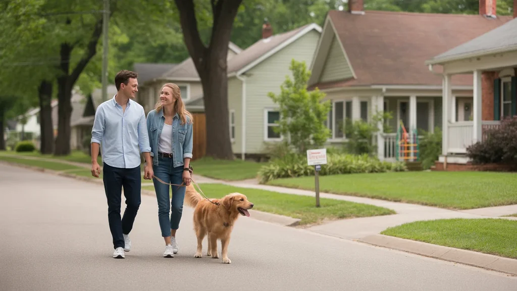 Couple walks dog past houses and apartments in Middletown KY neighborhood
