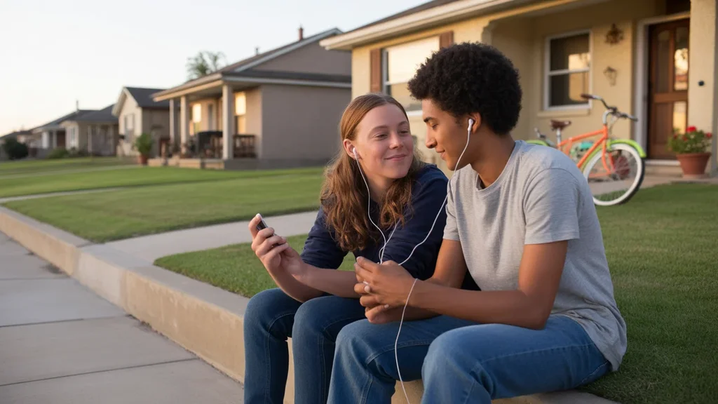 Two teenagers share earbuds while sitting on the front steps of a home in Grand Prairie, Texas at sunset