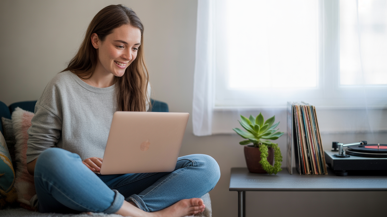 Woman streaming TV shows on laptop while relaxing on couch in Murfreesboro apartment