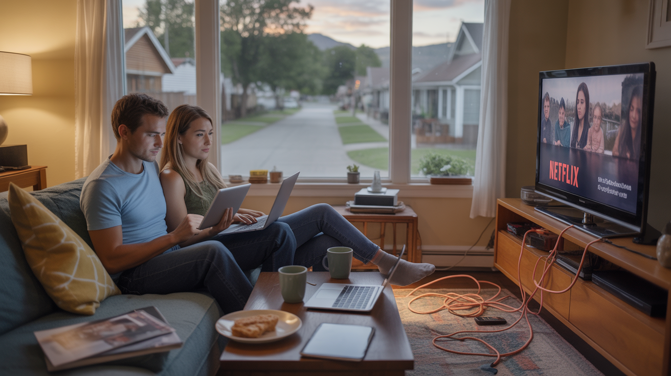 A couple in a suburban Golden living room absorbed in their devices while Netflix plays in the background
