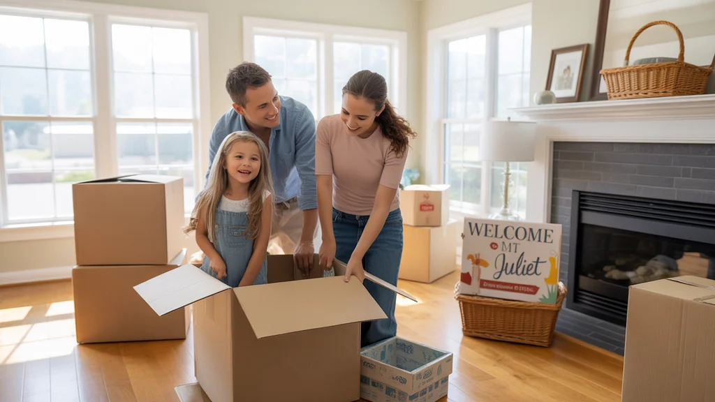 Family unpacking after moving into new home in Mt Juliet, Tennessee