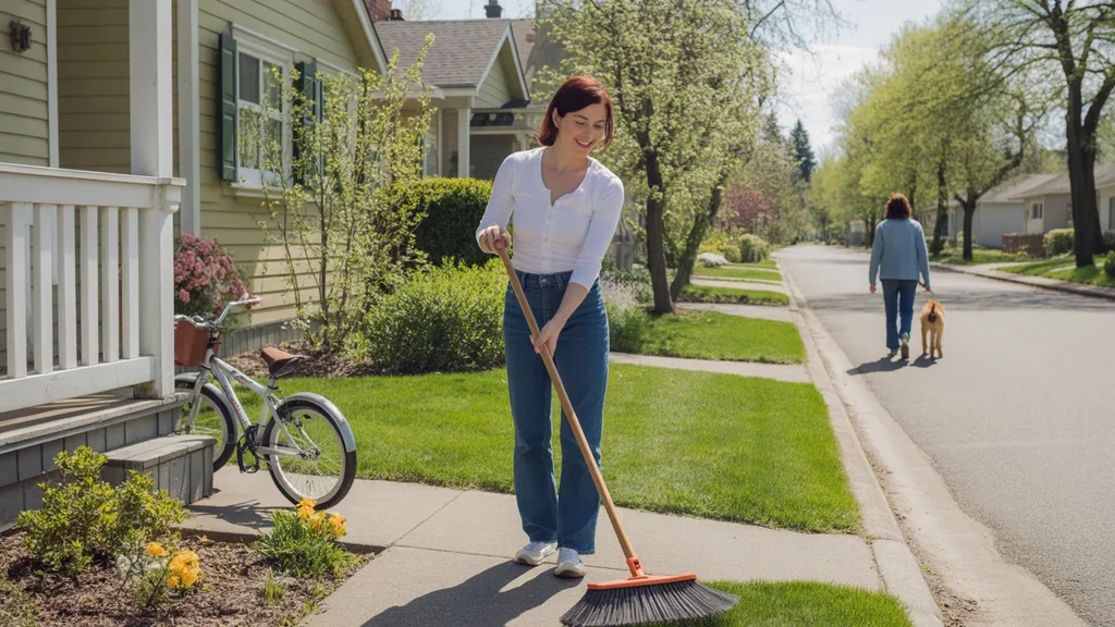 Woman sweeping driveway of duplex home in Beaverton, Oregon