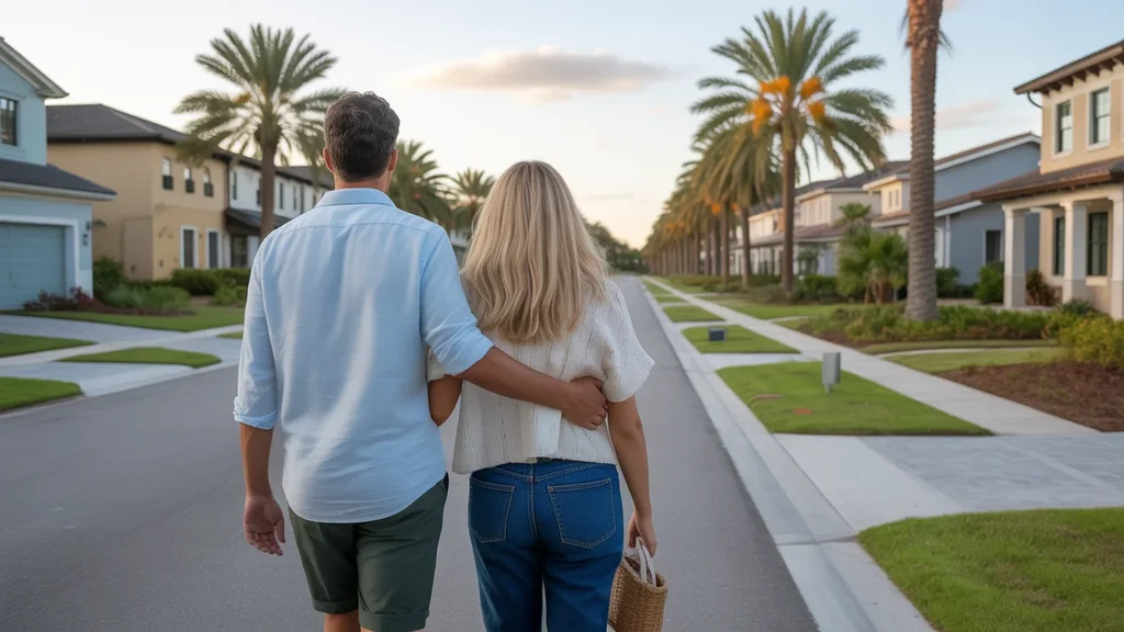 A couple explores a new neighborhood in Orlando at sunset, looking at homes