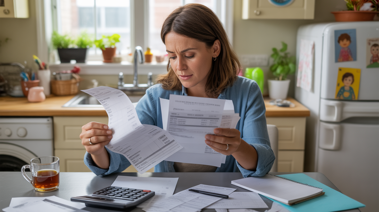 Woman reviewing utility bills and receipts at her kitchen table in Westminster, CA