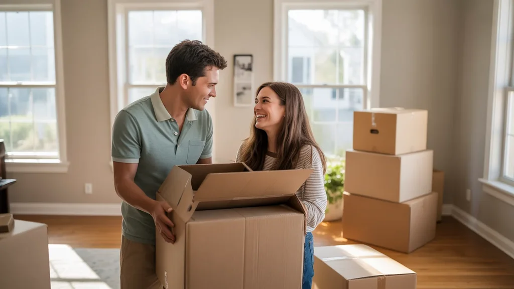 Couple unpacking in their new Richmond, KY home, looking happy and content.