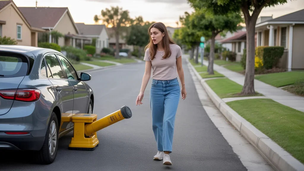 Young woman discovers a parking boot on her car in a Chino Hills neighborhood