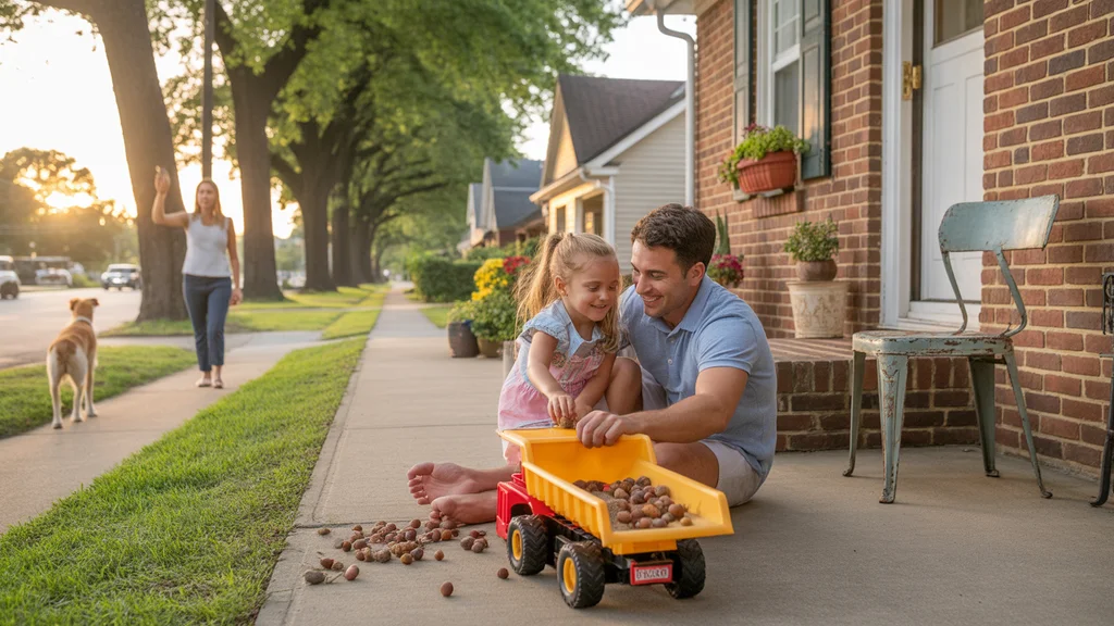 Father and daughter sitting on front steps of Smyrna home at sunset