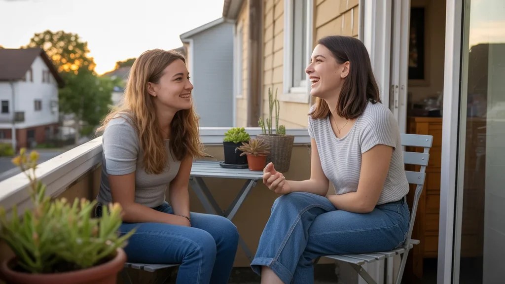 Two young women chat and laugh together on their apartment balcony in Middletown, KY