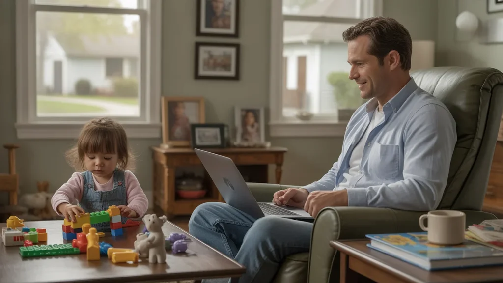 Father relaxes in recliner while young daughter plays with toys on living room floor in Richmond, KY home