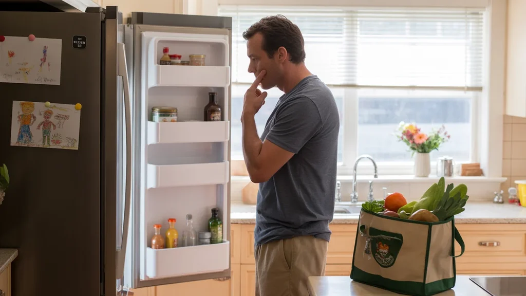 A father looking thoughtfully into an open refrigerator in a sunlit kitchen