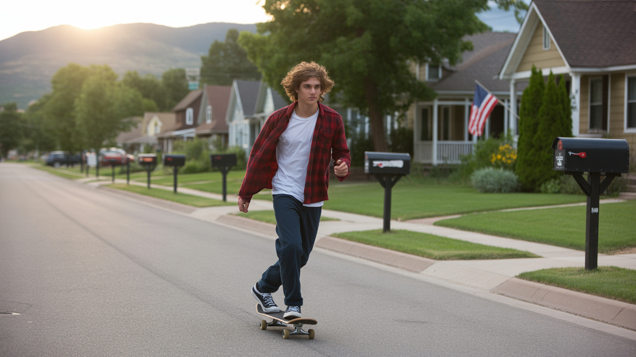 Teenage boy skateboarding past mailboxes on a quiet suburban street in Golden, Colorado at sunset