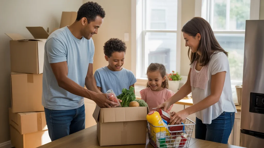 Family unpacking affordable groceries in their new Richmond, KY home kitchen