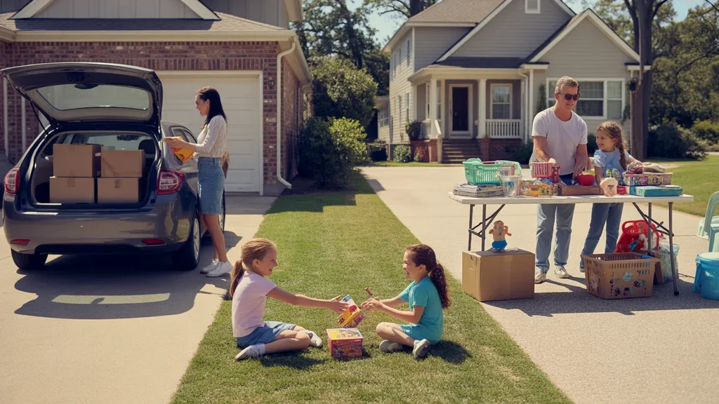 Neighbors holding garage sales outside a townhome and single-family house in Marietta, Georgia on a sunny day