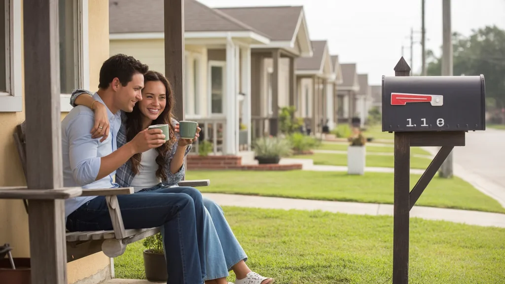 Couple sitting on front porch swing of their home in League City, Texas