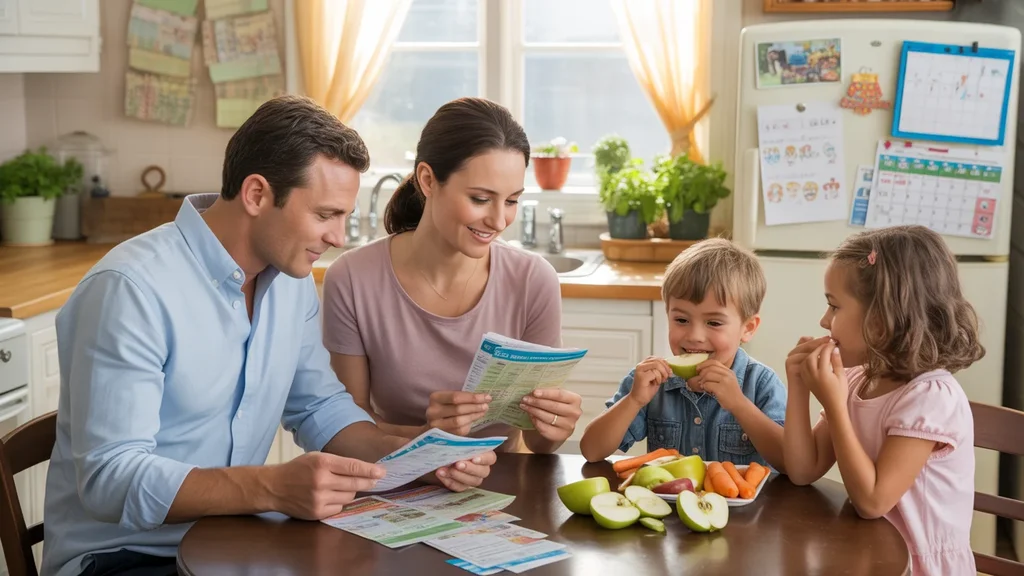 A family of four sorts through grocery coupons at their kitchen table in Franklin, TN while the kids snack on apples and carrots after school.