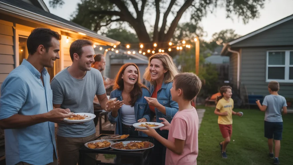 Lakeland locals enjoying a backyard barbecue at sunset, illustrating the city's friendly community vibe