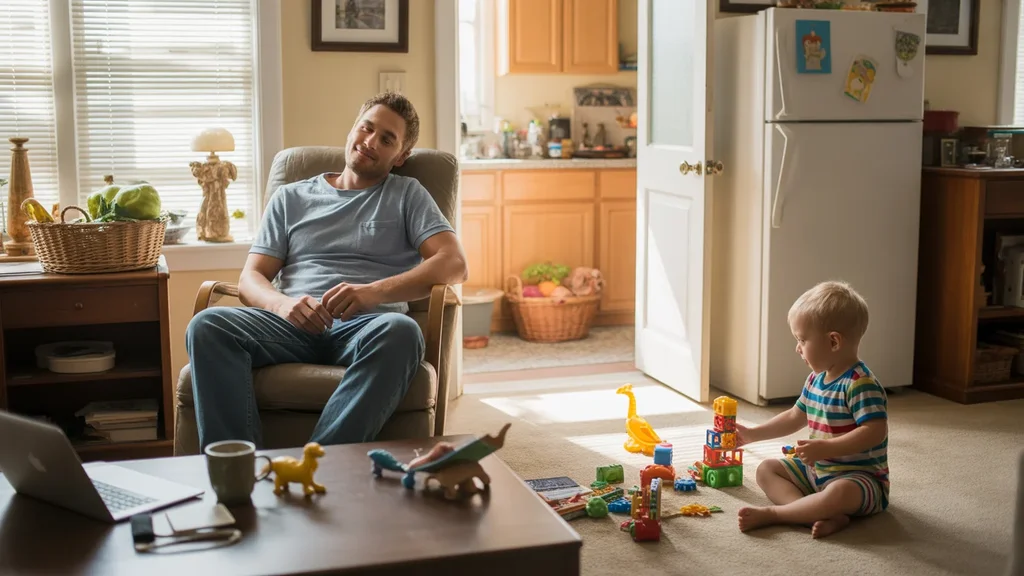 Father relaxes in recliner while toddler plays with toys on living room floor in Concord, NC home