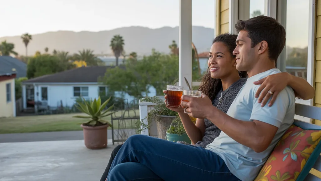 Couple relaxing on porch swing in Ontario, California neighborhood at sunset