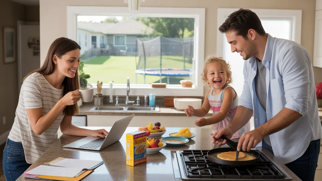 A young family enjoys a relaxed weekend morning in their warm, modern Edmond kitchen.