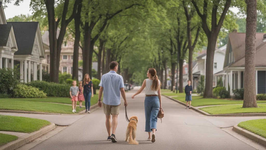 A couple walks their dog through a quaint Franklin, TN neighborhood on a sunny day.