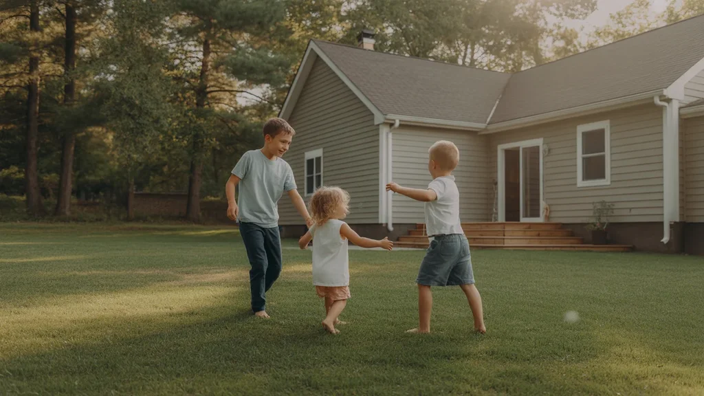 A family enjoys the large backyard of their new suburban home in Hermitage, TN.