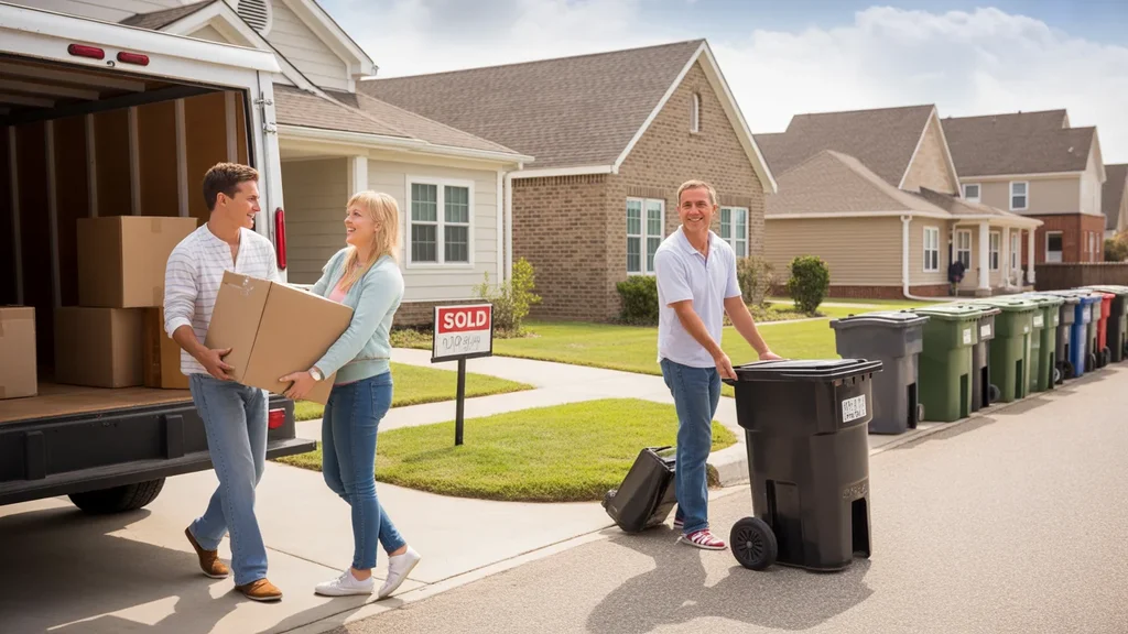 A young couple unloading a moving truck at their new house in Madison, TN