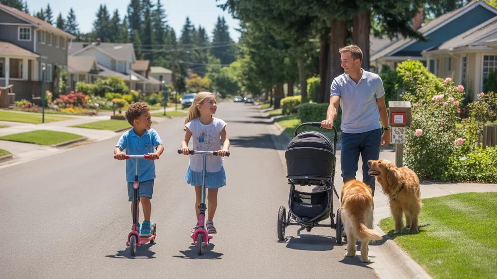 Children riding scooters in a well-maintained Portland suburb on a sunny day