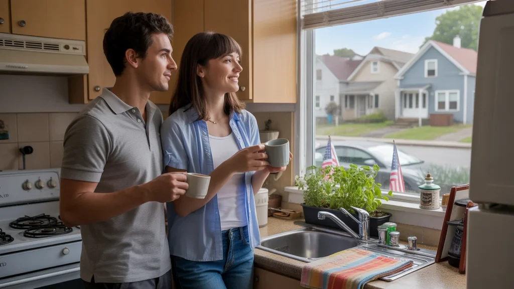 Couple in apartment kitchen looking out window at houses across street