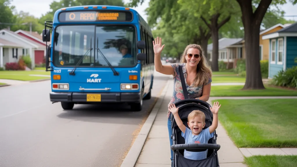 Friendly bus driver waves to young mother and son waiting at sunny neighborhood bus stop in Brandon, Florida