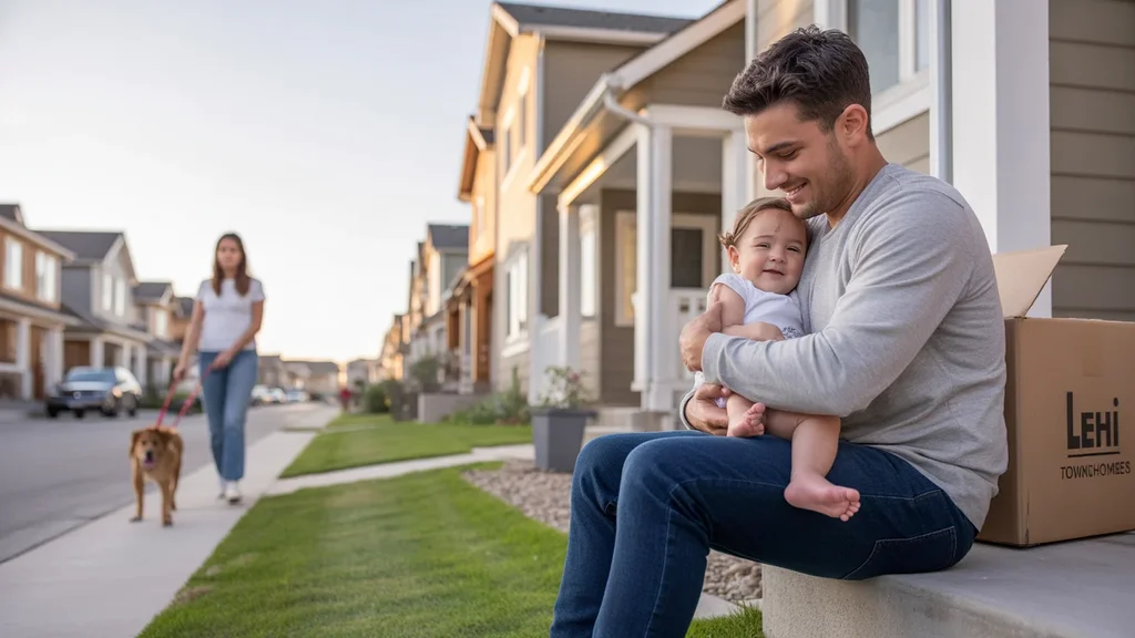 Father holding baby daughter on townhome steps in Lehi, Utah at sunset